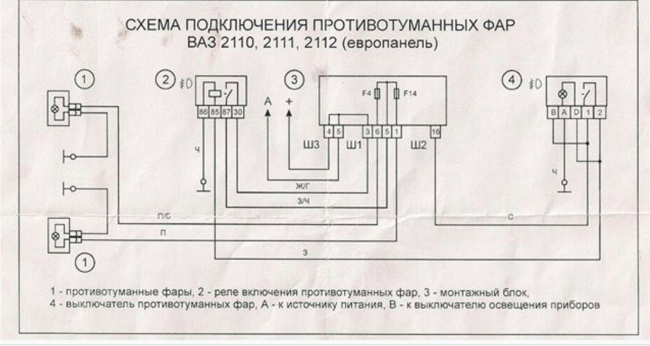 Схема установки ПТФ на ВАЗ 2112
