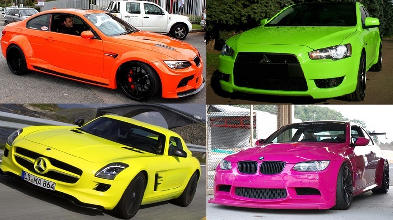 Красная, зеленая, желтая и розовая машина